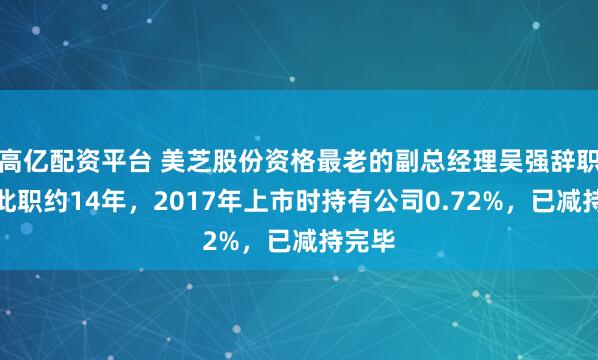 高亿配资平台 美芝股份资格最老的副总经理吴强辞职：任此职约14年，2017年上市时持有公司0.72%，已减持完毕